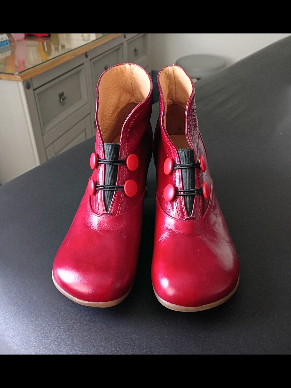 John Fluevog Cherry Red Button-Front Leather Ankle Booties
